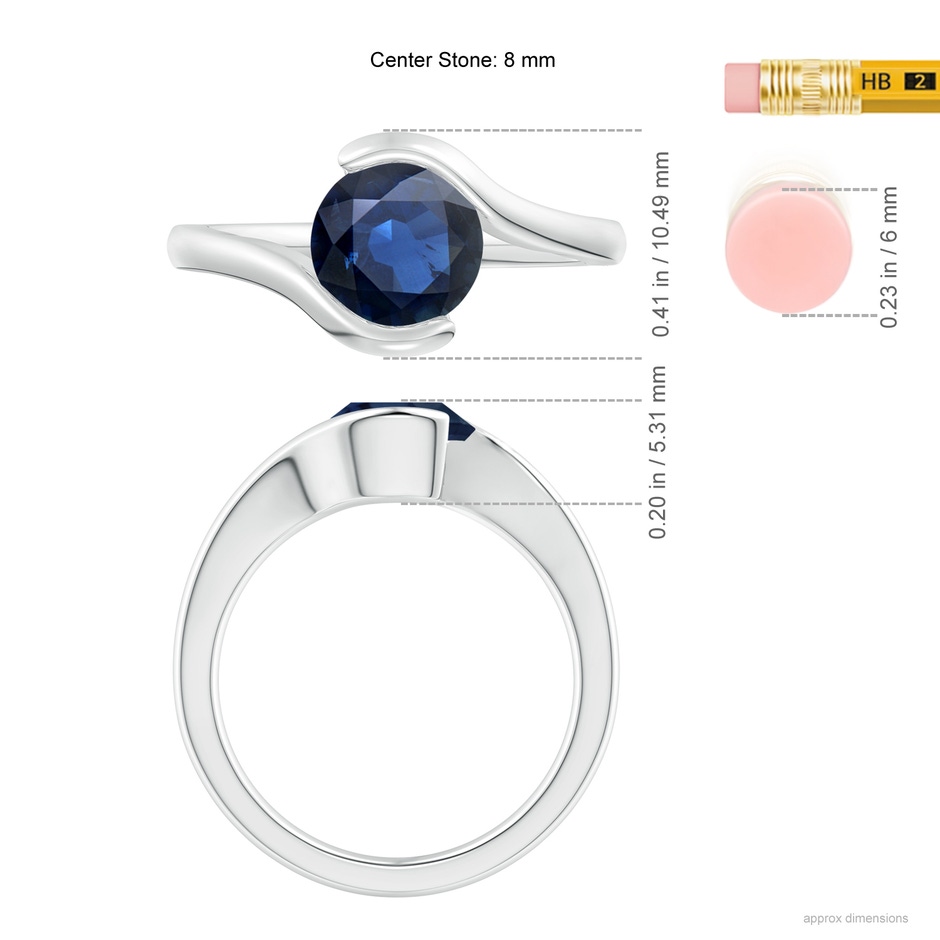 7.5mm AA Semi Bezel-Set Solitaire Round Blue Sapphire Bypass Ring in P950 Platinum ruler