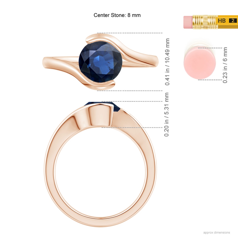 7.5mm AA Semi Bezel-Set Solitaire Round Blue Sapphire Bypass Ring in Rose Gold ruler