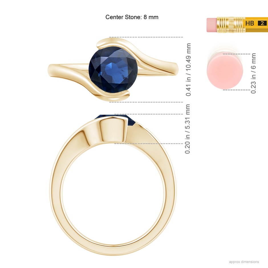 7.5mm AA Semi Bezel-Set Solitaire Round Blue Sapphire Bypass Ring in Yellow Gold ruler