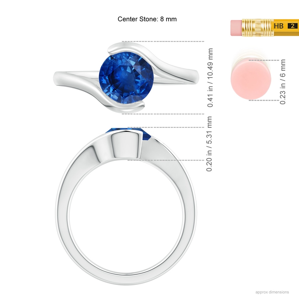 7.5mm AAA Semi Bezel-Set Solitaire Round Blue Sapphire Bypass Ring in P950 Platinum ruler