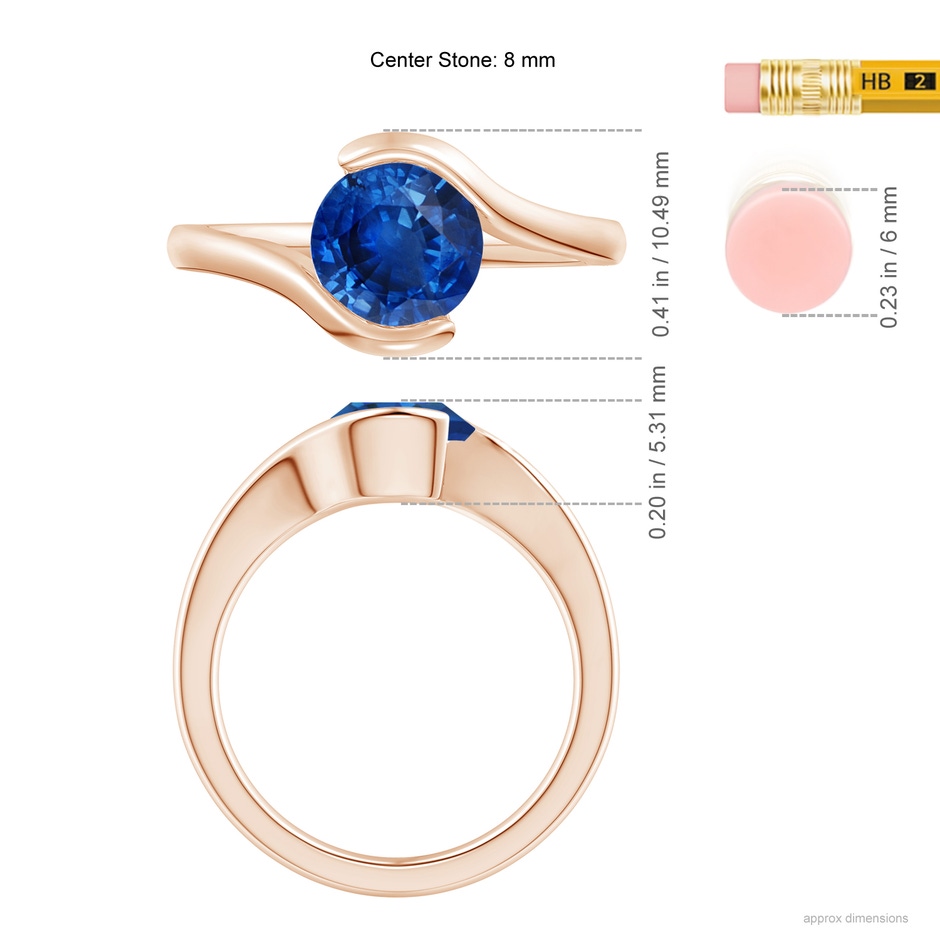 7.5mm AAA Semi Bezel-Set Solitaire Round Blue Sapphire Bypass Ring in Rose Gold ruler