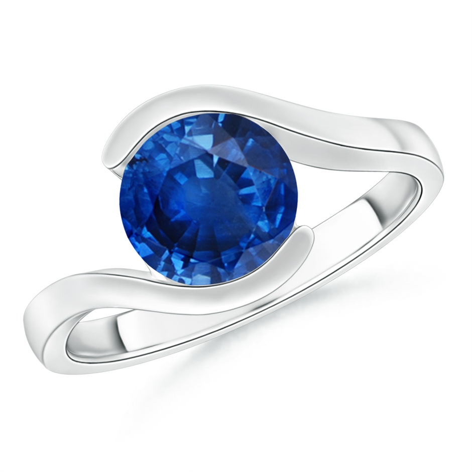 7.5mm AAA Semi Bezel-Set Solitaire Round Blue Sapphire Bypass Ring in White Gold 