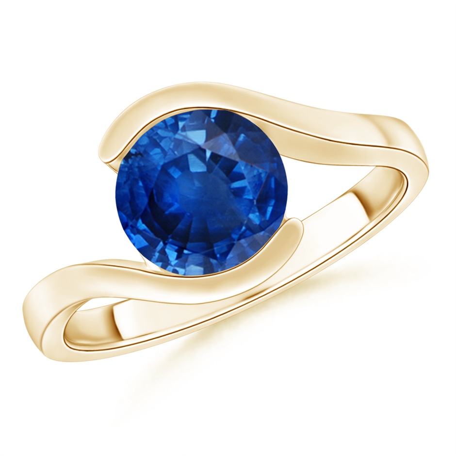 7.5mm AAA Semi Bezel-Set Solitaire Round Blue Sapphire Bypass Ring in Yellow Gold 