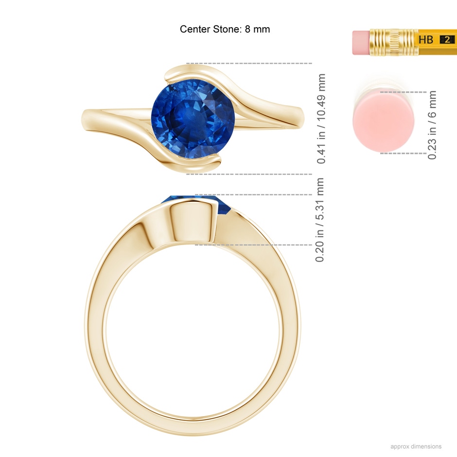 7.5mm AAA Semi Bezel-Set Solitaire Round Blue Sapphire Bypass Ring in Yellow Gold ruler