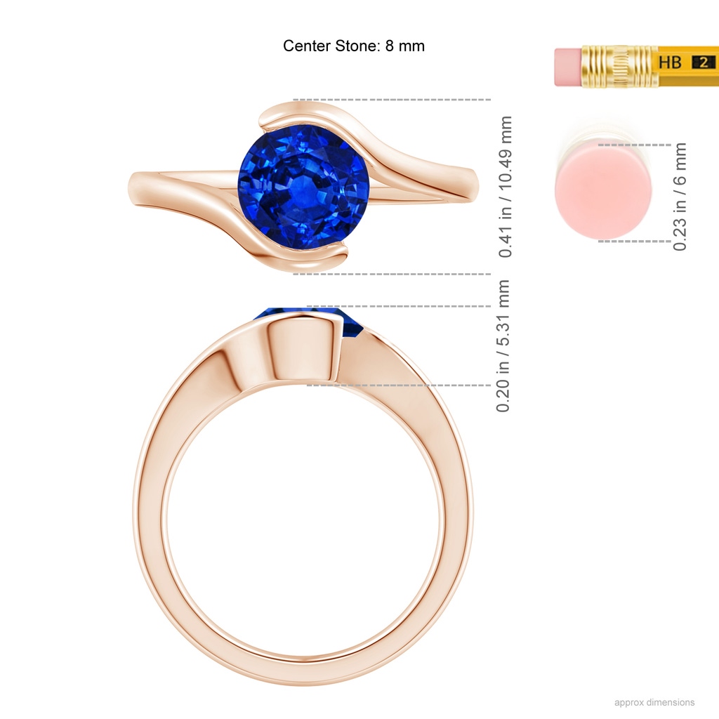 7.5mm AAAA Semi Bezel-Set Solitaire Round Blue Sapphire Bypass Ring in Rose Gold ruler