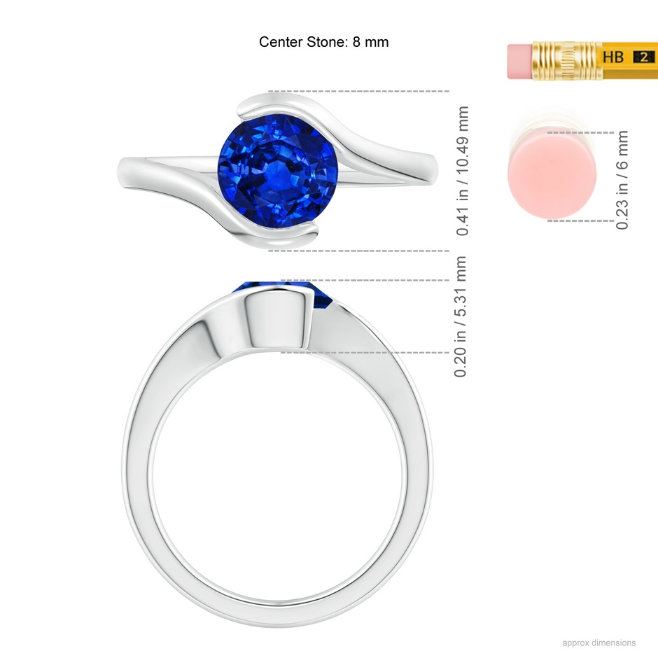 7.5mm AAAA Semi Bezel-Set Solitaire Round Blue Sapphire Bypass Ring in White Gold ruler