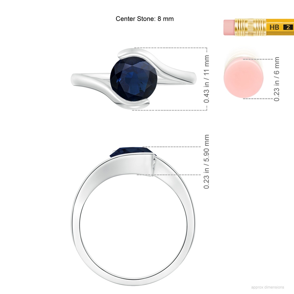 8mm A Semi Bezel-Set Solitaire Round Blue Sapphire Bypass Ring in 18K White Gold ruler