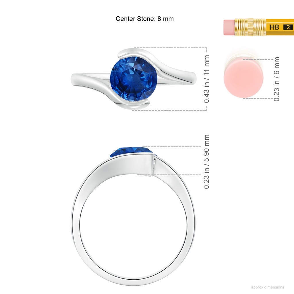 8mm AAA Semi Bezel-Set Solitaire Round Blue Sapphire Bypass Ring in P950 Platinum ruler