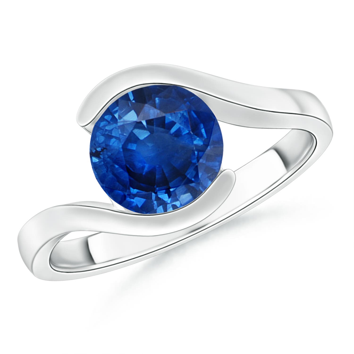 8mm AAA Semi Bezel-Set Solitaire Round Blue Sapphire Bypass Ring in White Gold