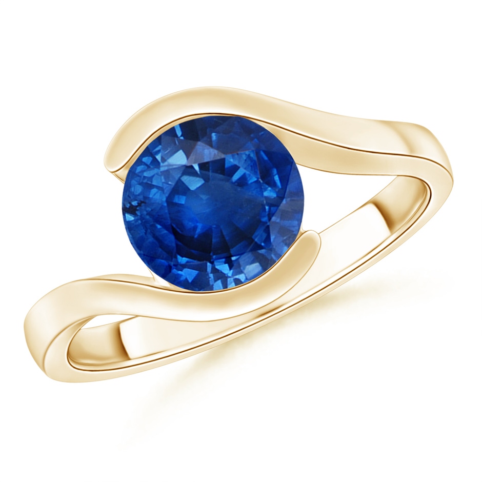 8mm AAA Semi Bezel-Set Solitaire Round Blue Sapphire Bypass Ring in Yellow Gold 