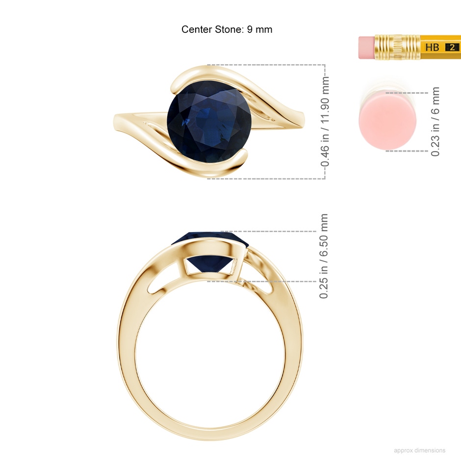 9mm A Semi Bezel-Set Solitaire Round Blue Sapphire Bypass Ring in Yellow Gold ruler