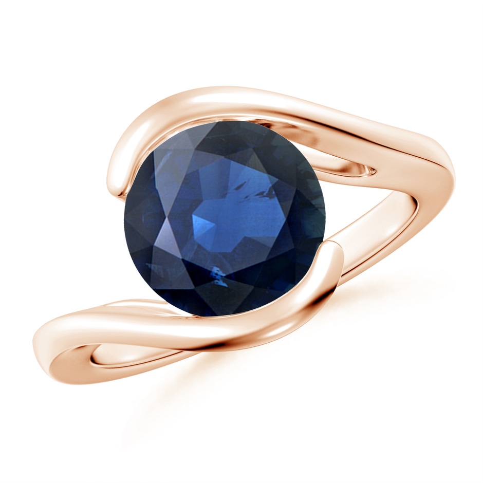 9mm AA Semi Bezel-Set Solitaire Round Blue Sapphire Bypass Ring in 18K Rose Gold 