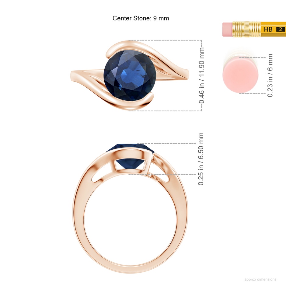9mm AA Semi Bezel-Set Solitaire Round Blue Sapphire Bypass Ring in 18K Rose Gold ruler