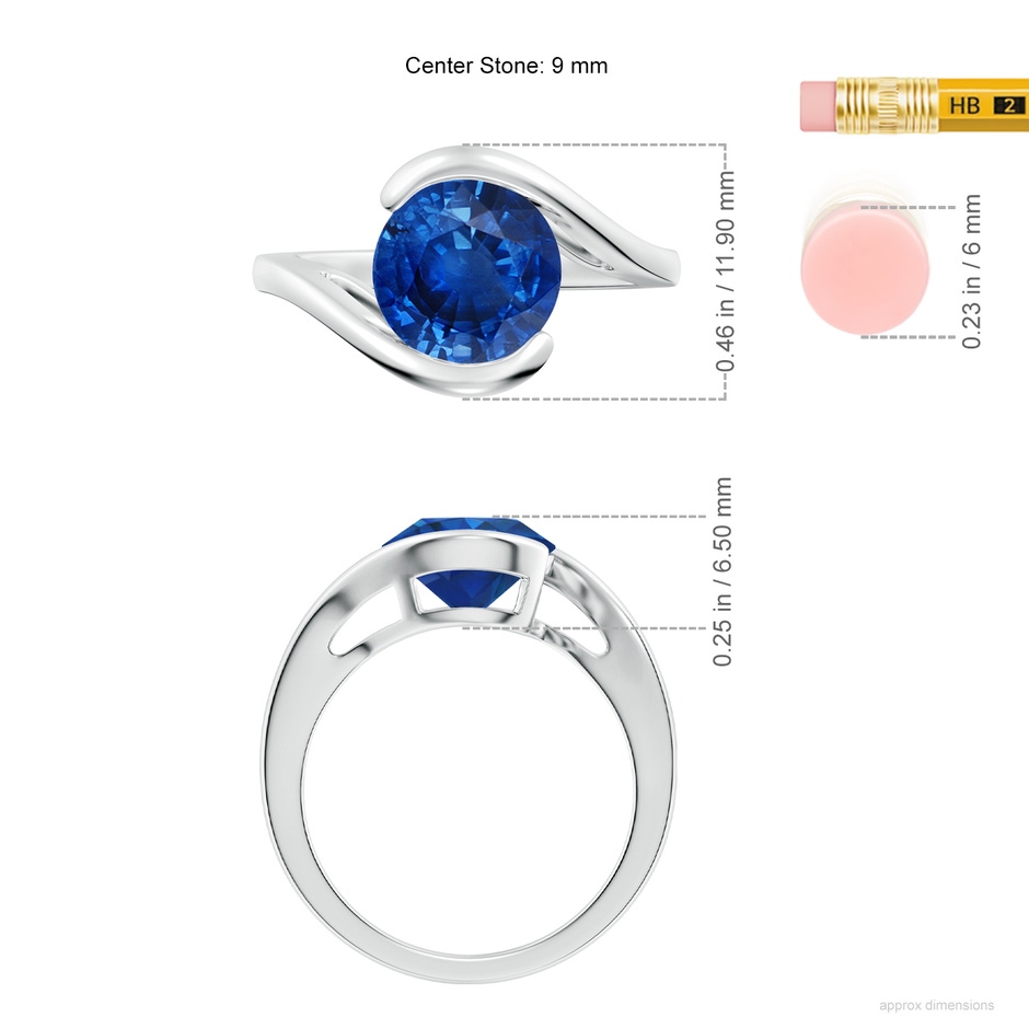 9mm AAA Semi Bezel-Set Solitaire Round Blue Sapphire Bypass Ring in P950 Platinum ruler