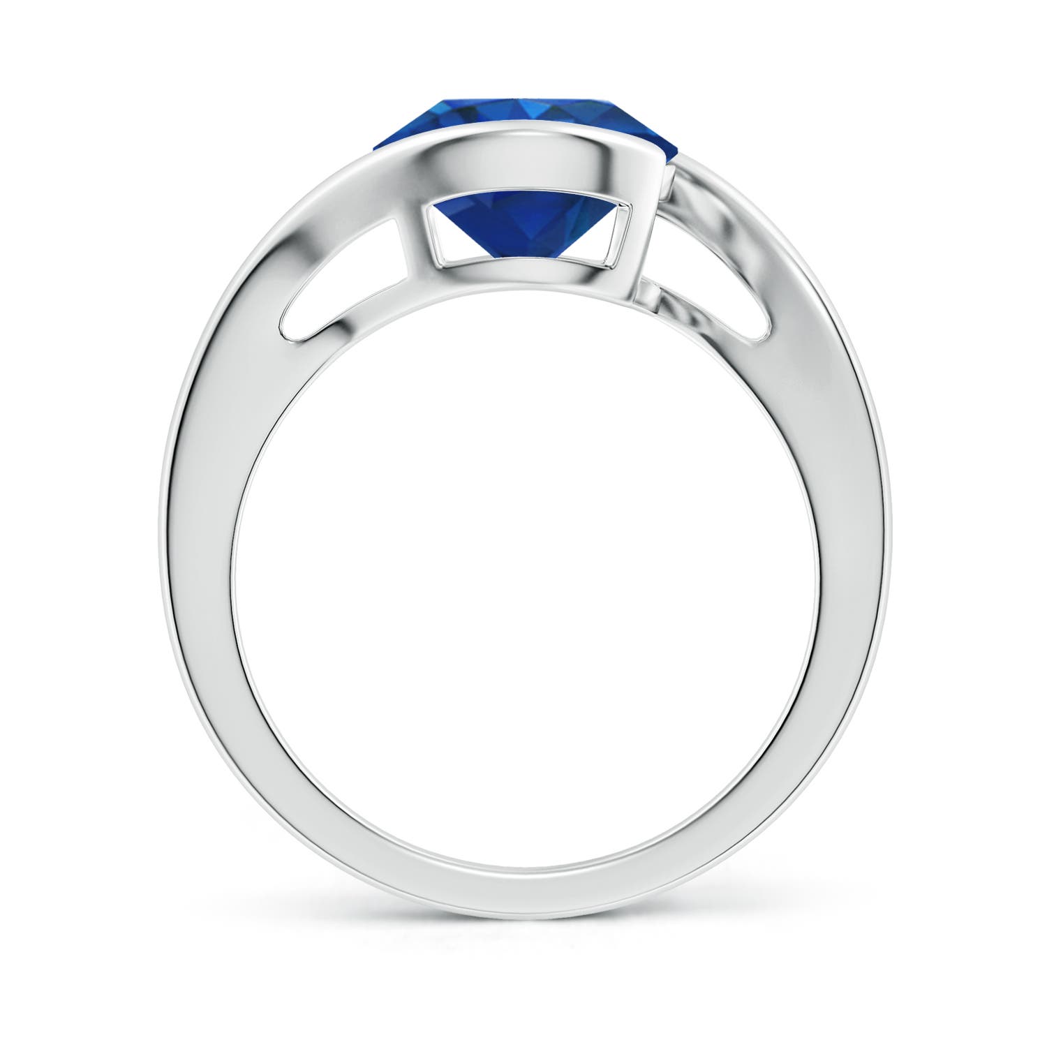 9mm AAA Semi Bezel-Set Solitaire Round Blue Sapphire Bypass Ring in White Gold