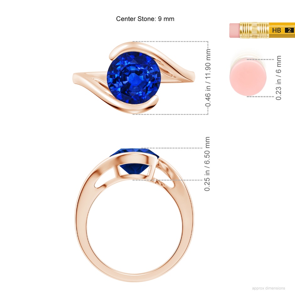 9mm AAAA Semi Bezel-Set Solitaire Round Blue Sapphire Bypass Ring in 18K Rose Gold ruler