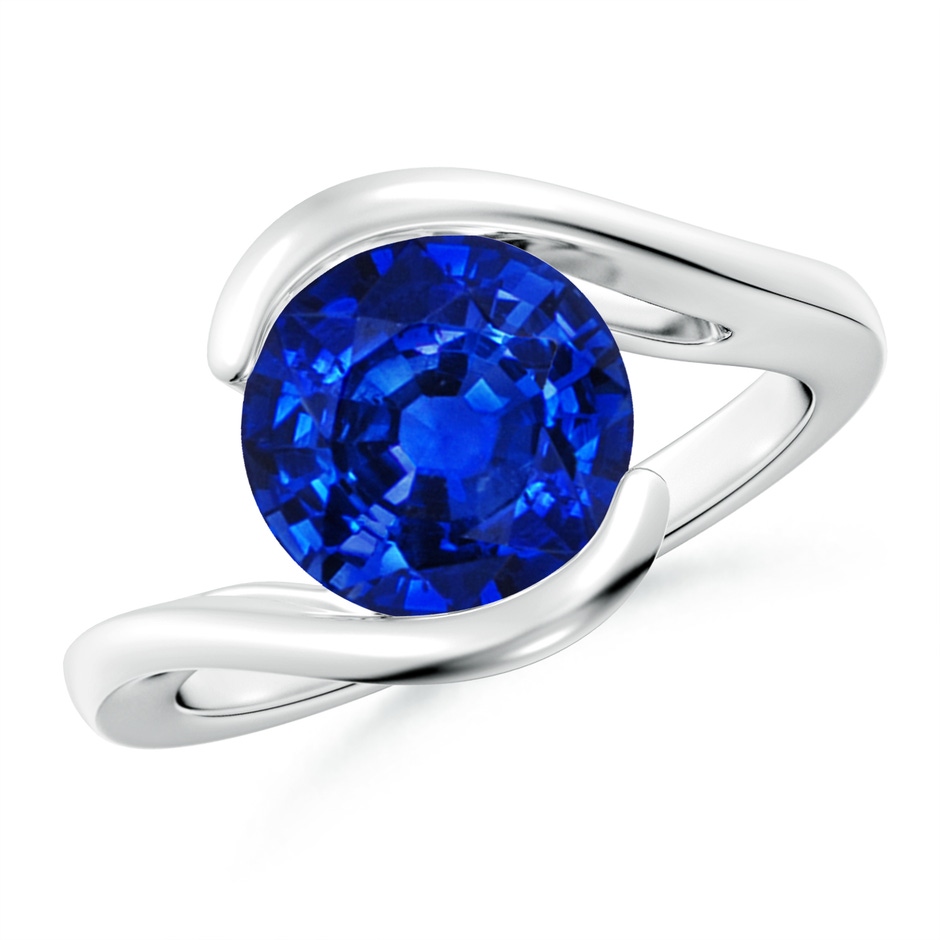 9mm AAAA Semi Bezel-Set Solitaire Round Blue Sapphire Bypass Ring in White Gold 
