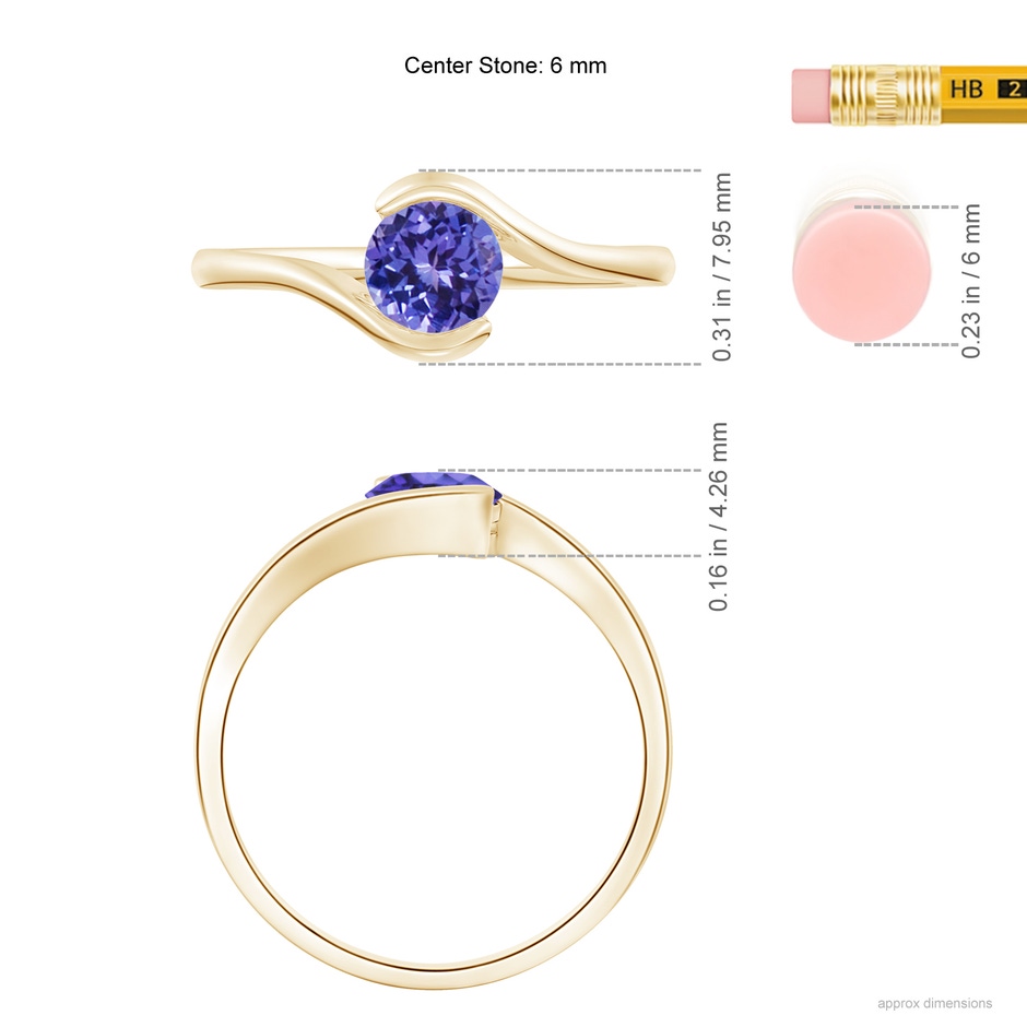 6mm AA Semi Bezel-Set Solitaire Round Tanzanite Bypass Ring in Yellow Gold ruler