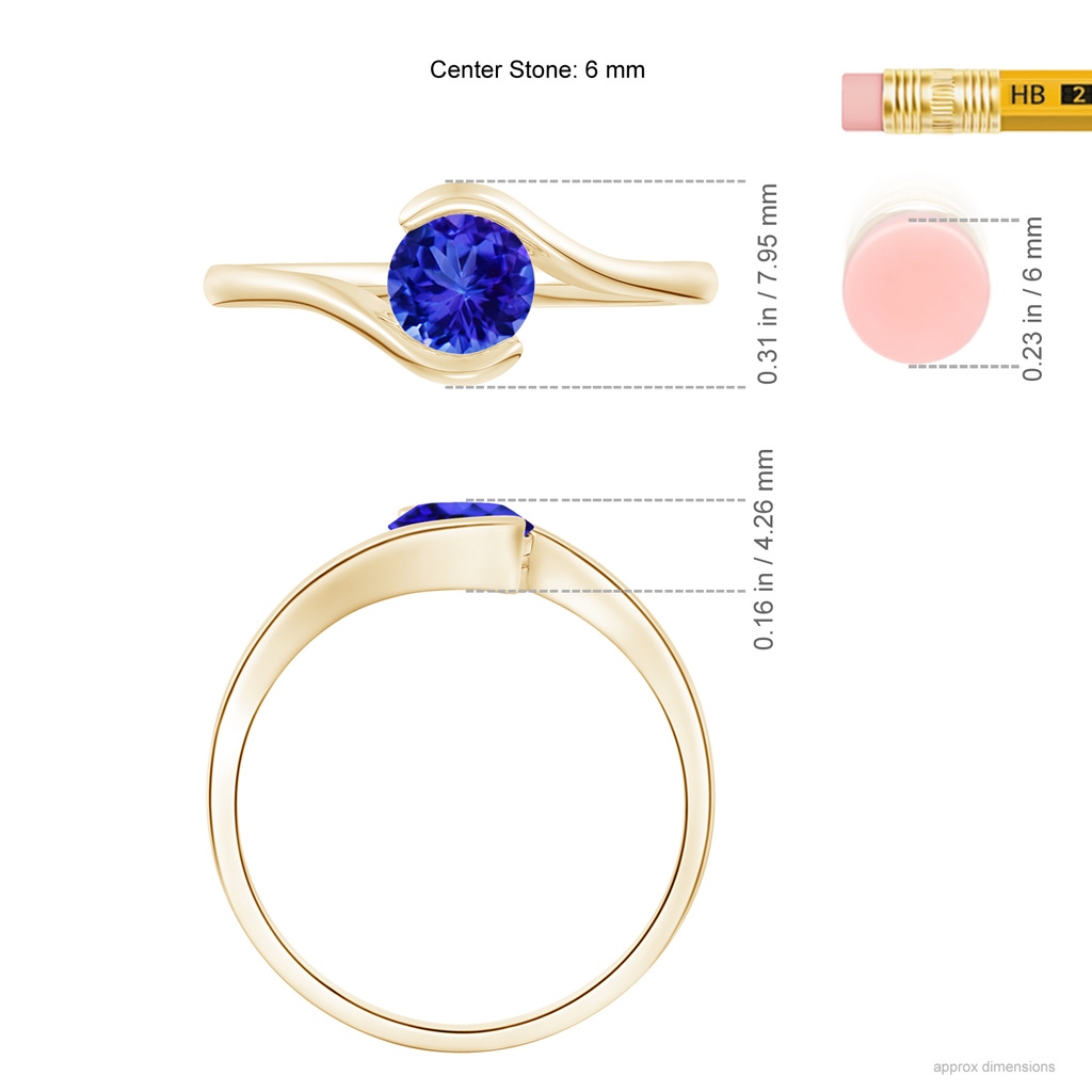 6mm AAA Semi Bezel-Set Solitaire Round Tanzanite Bypass Ring in Yellow Gold Ruler