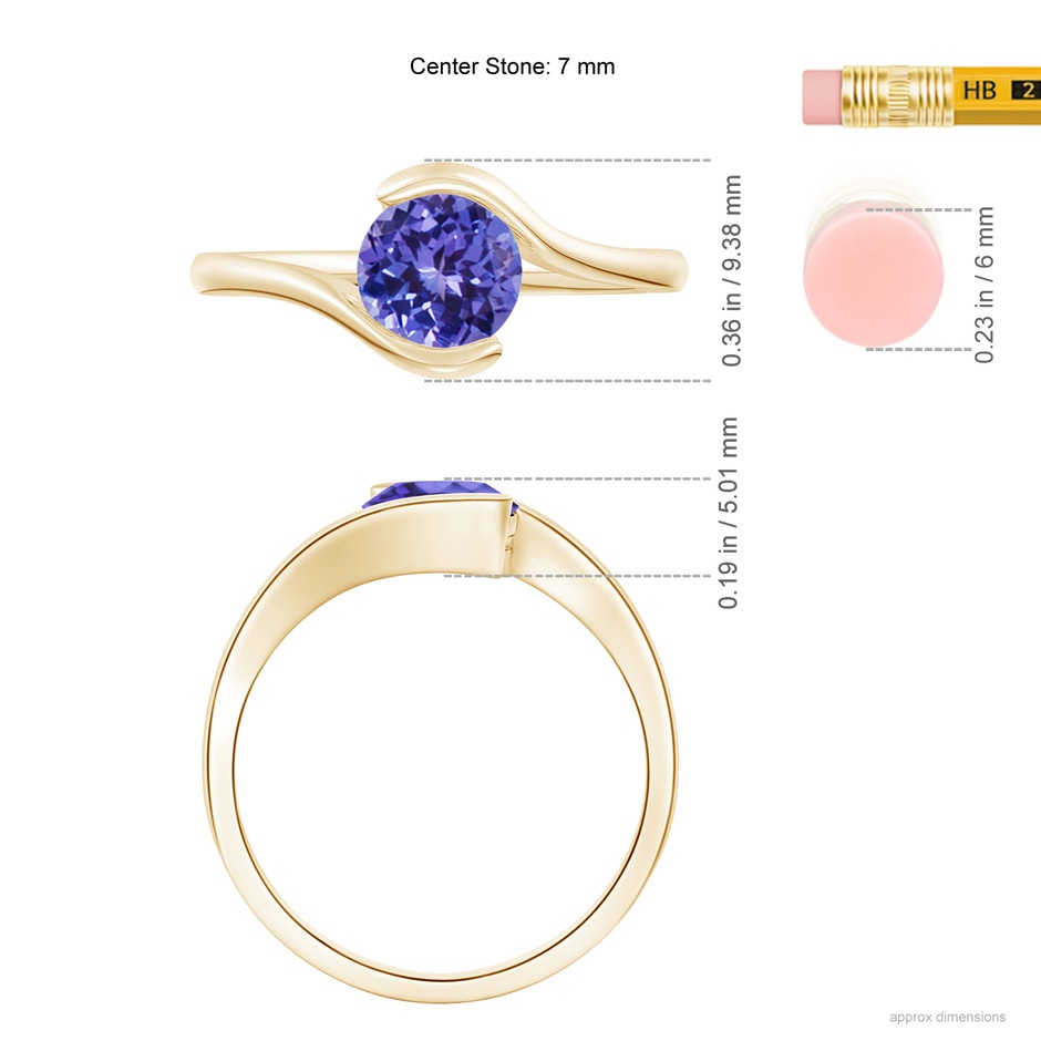 7mm AA Semi Bezel-Set Solitaire Round Tanzanite Bypass Ring in Yellow Gold ruler