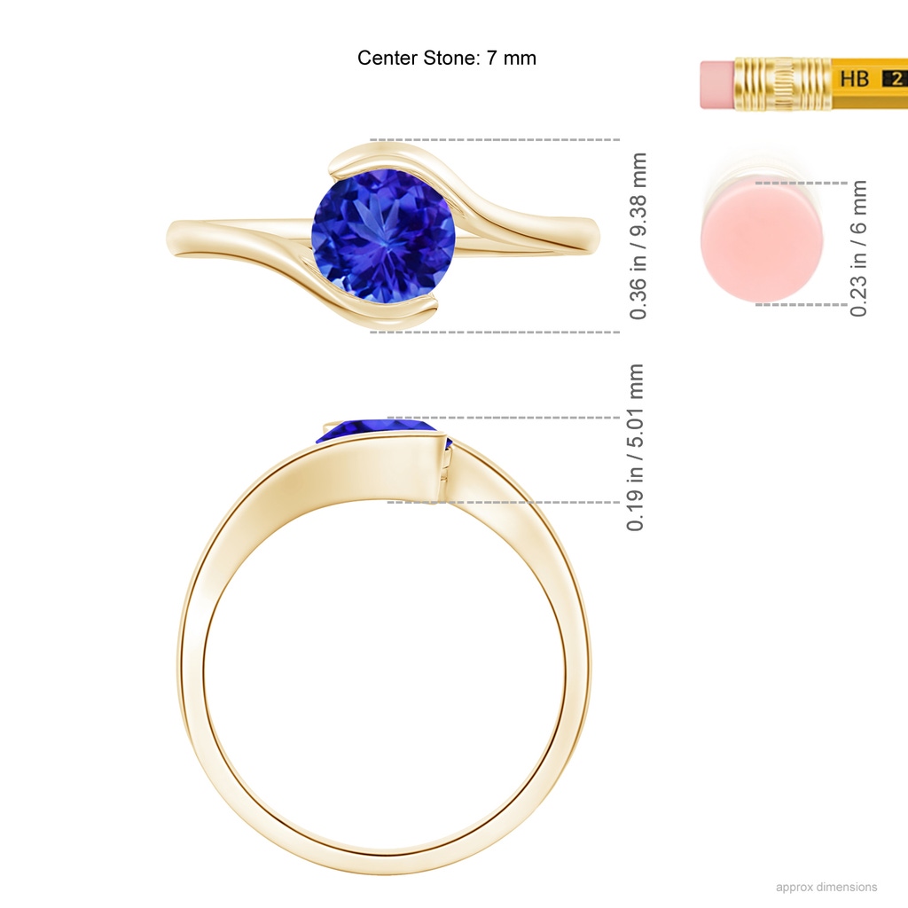 7mm AAA Semi Bezel-Set Solitaire Round Tanzanite Bypass Ring in Yellow Gold Ruler