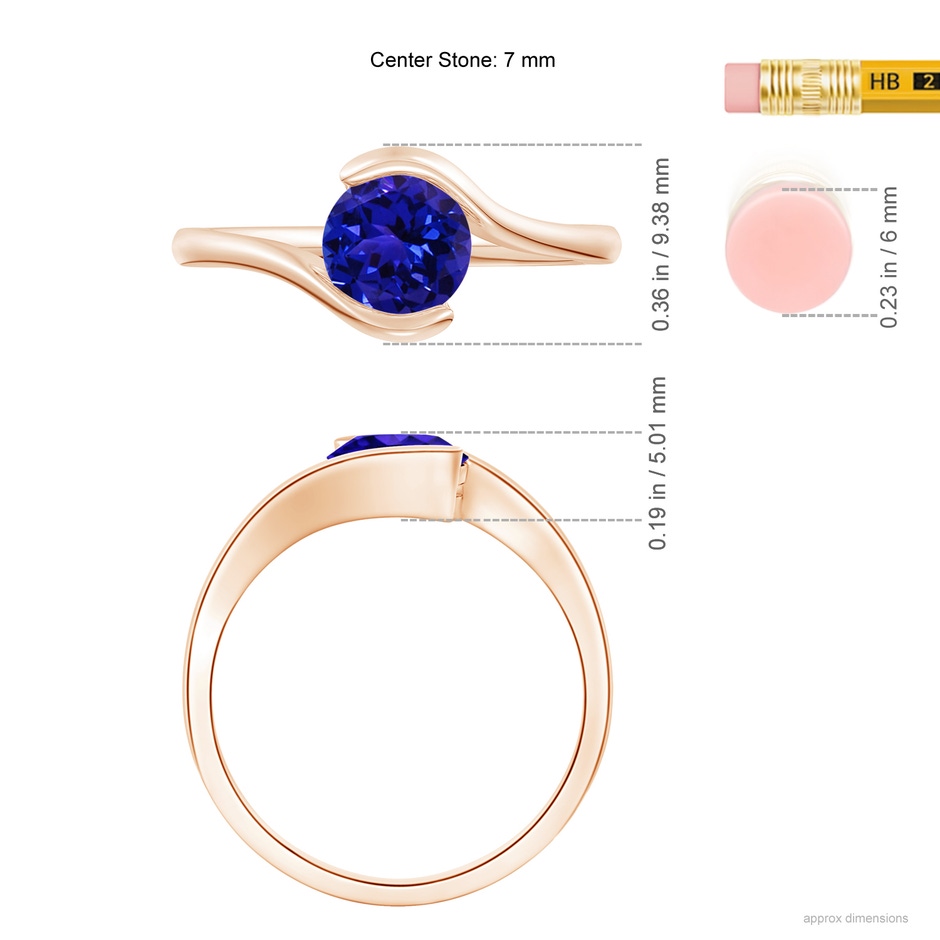 7mm AAAA Semi Bezel-Set Solitaire Round Tanzanite Bypass Ring in Rose Gold ruler