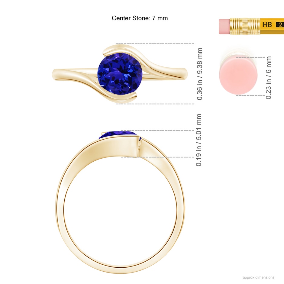 7mm AAAA Semi Bezel-Set Solitaire Round Tanzanite Bypass Ring in Yellow Gold ruler
