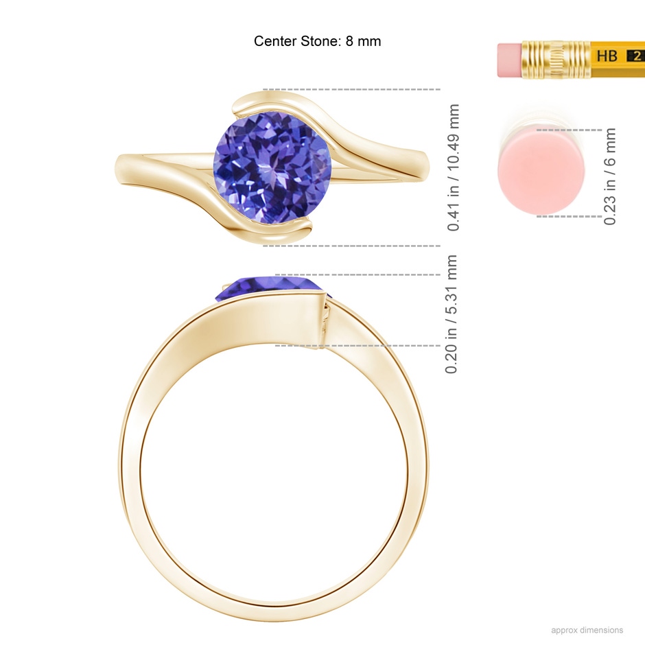 8mm AA Semi Bezel-Set Solitaire Round Tanzanite Bypass Ring in Yellow Gold ruler