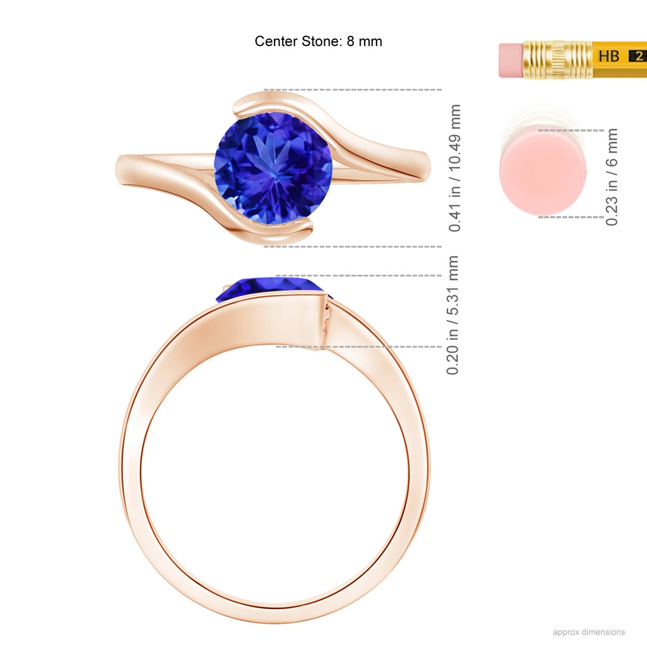 8mm AAA Semi Bezel-Set Solitaire Round Tanzanite Bypass Ring in Rose Gold ruler