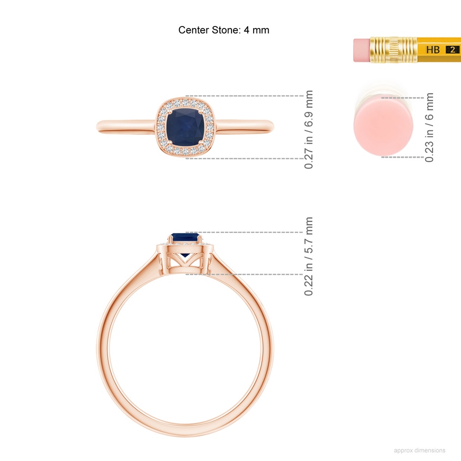 4mm A Cushion Blue Sapphire Ring with Diamond Halo in Rose Gold ruler