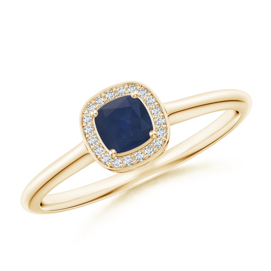 4mm A Cushion Blue Sapphire Ring with Diamond Halo in Yellow Gold 