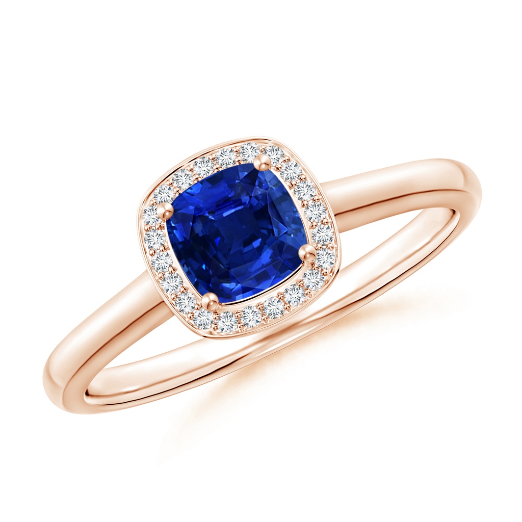 4mm AAAA Cushion Blue Sapphire Ring with Diamond Halo in Rose Gold