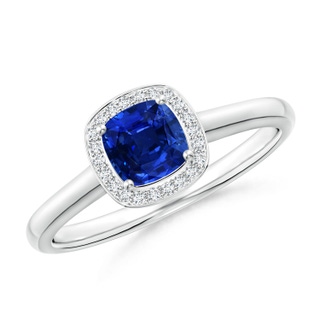 4mm AAAA Cushion Blue Sapphire Ring with Diamond Halo in White Gold