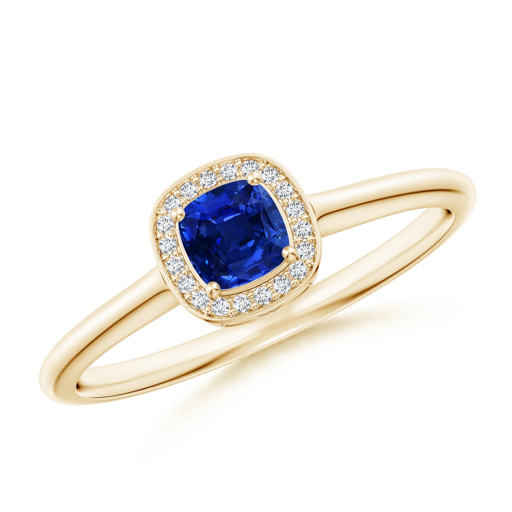 4mm AAAA Cushion Blue Sapphire Ring with Diamond Halo in Yellow Gold