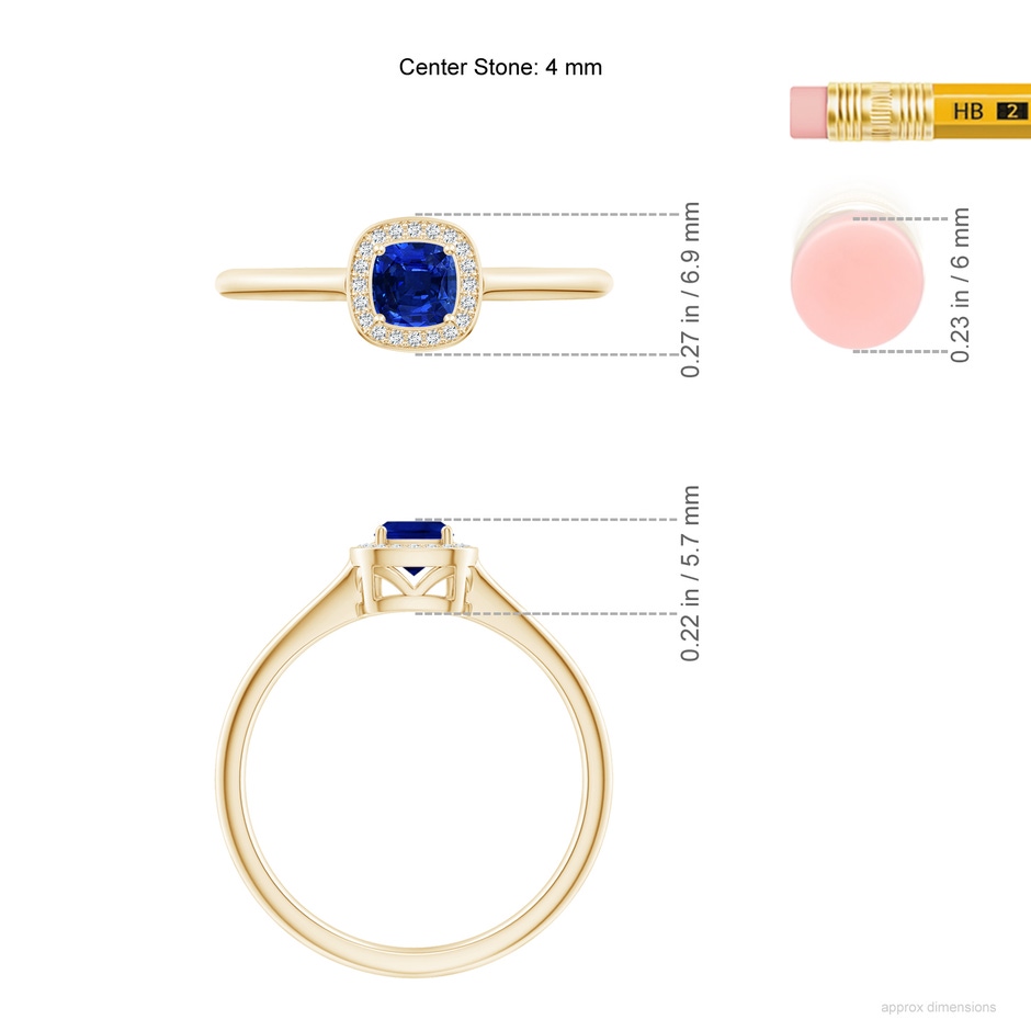 4mm AAAA Cushion Blue Sapphire Ring with Diamond Halo in Yellow Gold ruler
