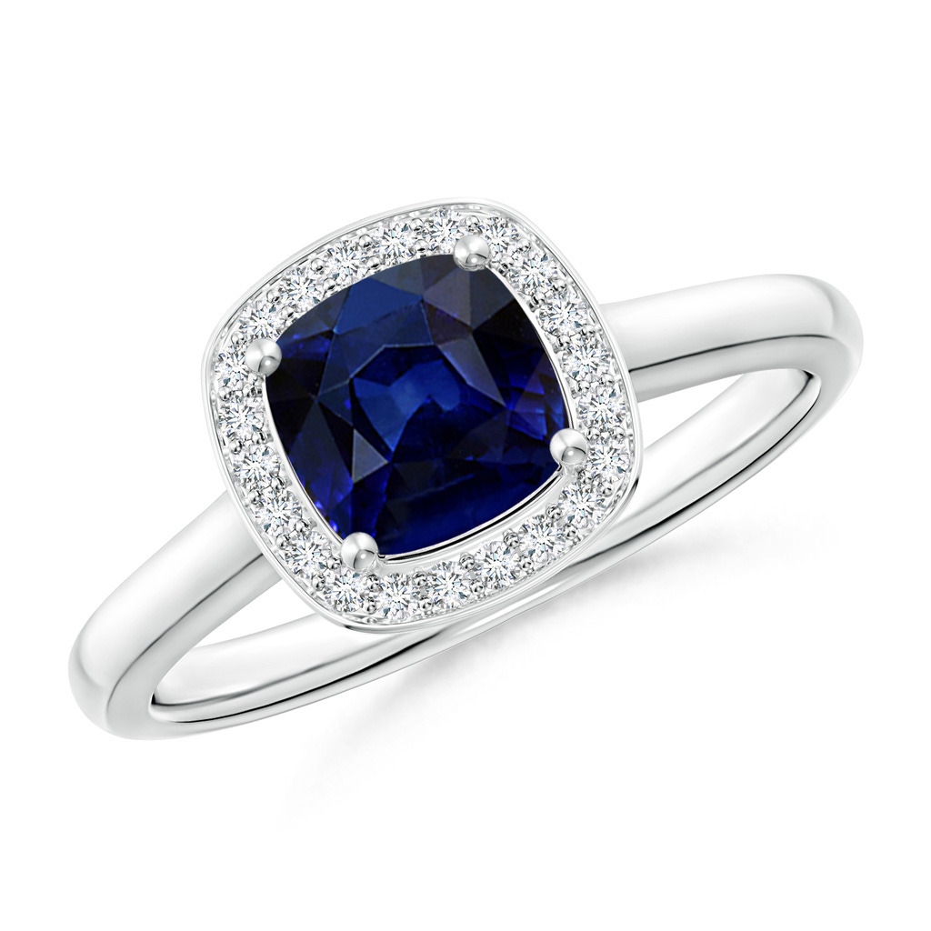 5mm AAA Cushion Blue Sapphire Ring with Diamond Halo in White Gold