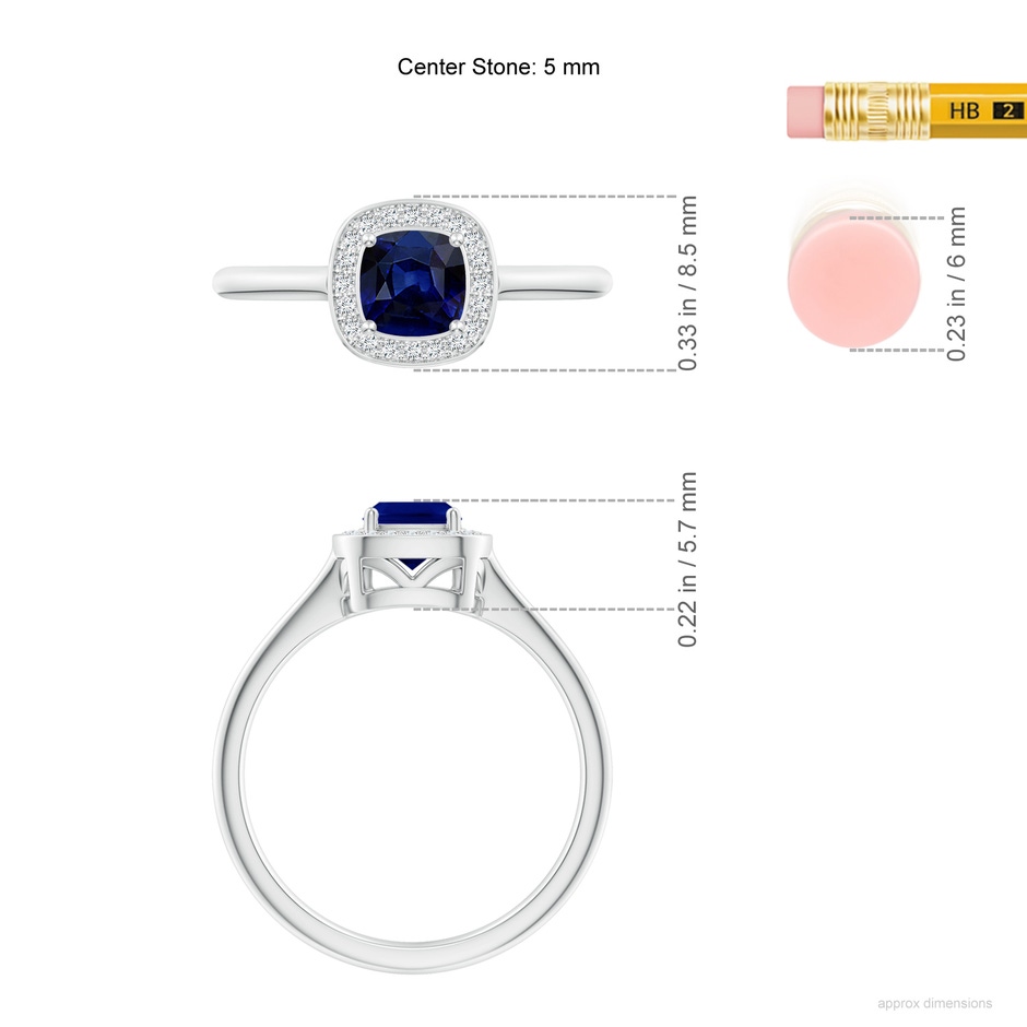 5mm AAA Cushion Blue Sapphire Ring with Diamond Halo in White Gold ruler