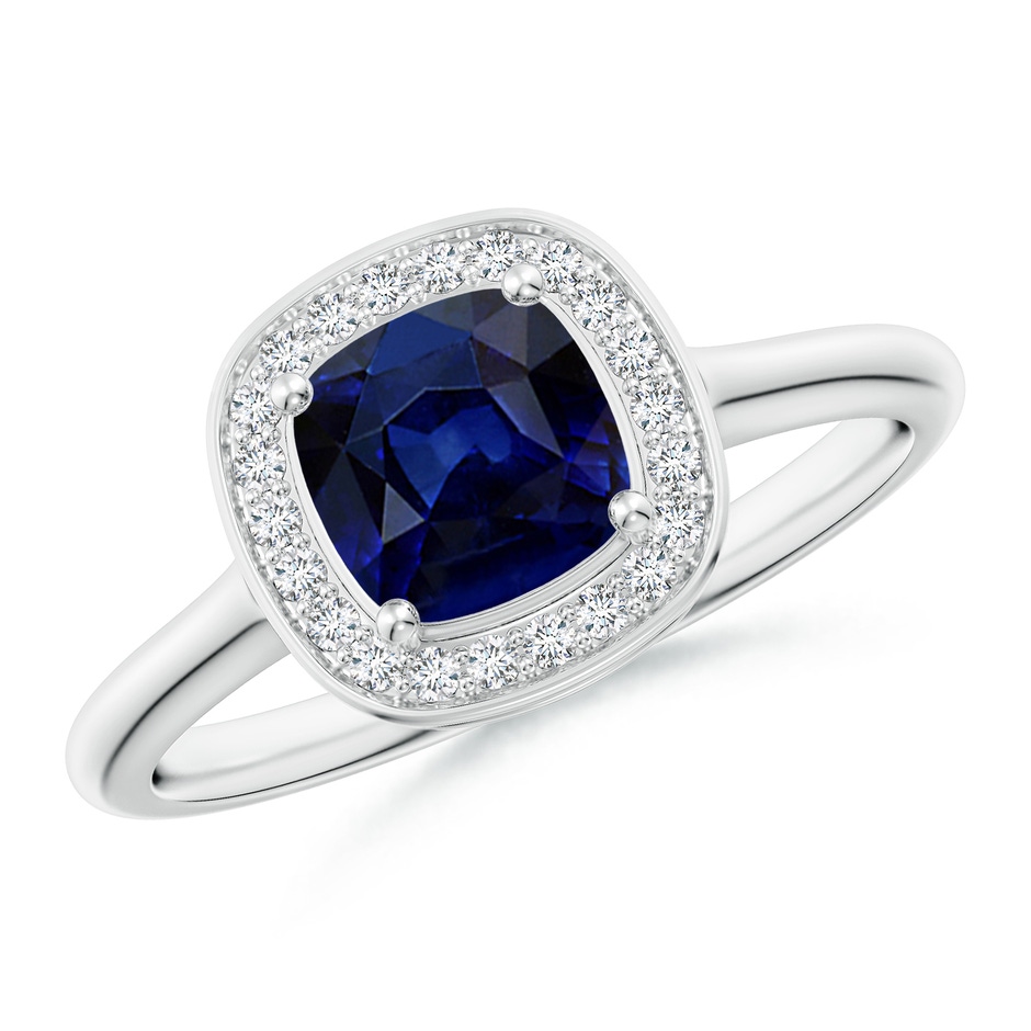 6mm AAA Cushion Blue Sapphire Ring with Diamond Halo in White Gold 