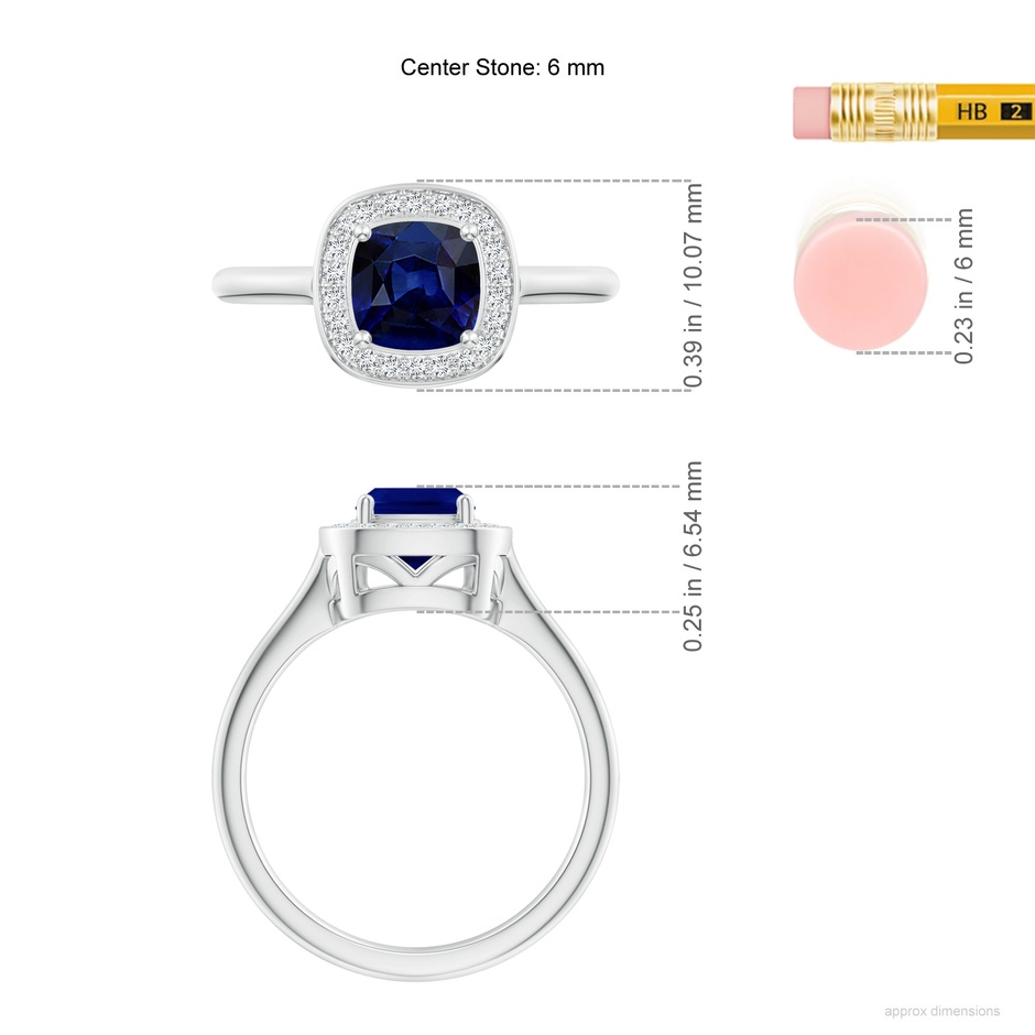6mm AAA Cushion Blue Sapphire Ring with Diamond Halo in White Gold ruler