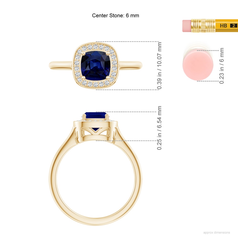 6mm AAA Cushion Blue Sapphire Ring with Diamond Halo in Yellow Gold ruler