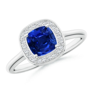 6mm AAAA Cushion Blue Sapphire Ring with Diamond Halo in P950 Platinum