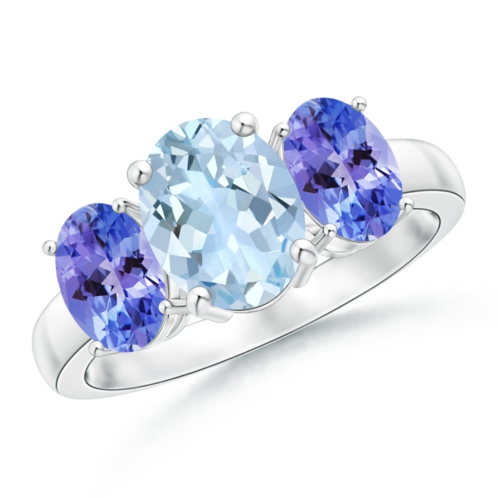 9x7mm AA Oval Aquamarine and Tanzanite Three Stone Ring in White Gold