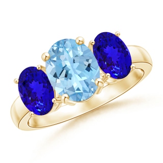 9x7mm AAAA Oval Aquamarine and Tanzanite Three Stone Ring in 9K Yellow Gold