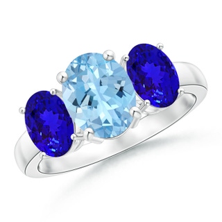 9x7mm AAAA Oval Aquamarine and Tanzanite Three Stone Ring in White Gold