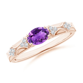 7x5mm AAA Oval Amethyst Vintage Style Ring with Diamond Accents in Rose Gold