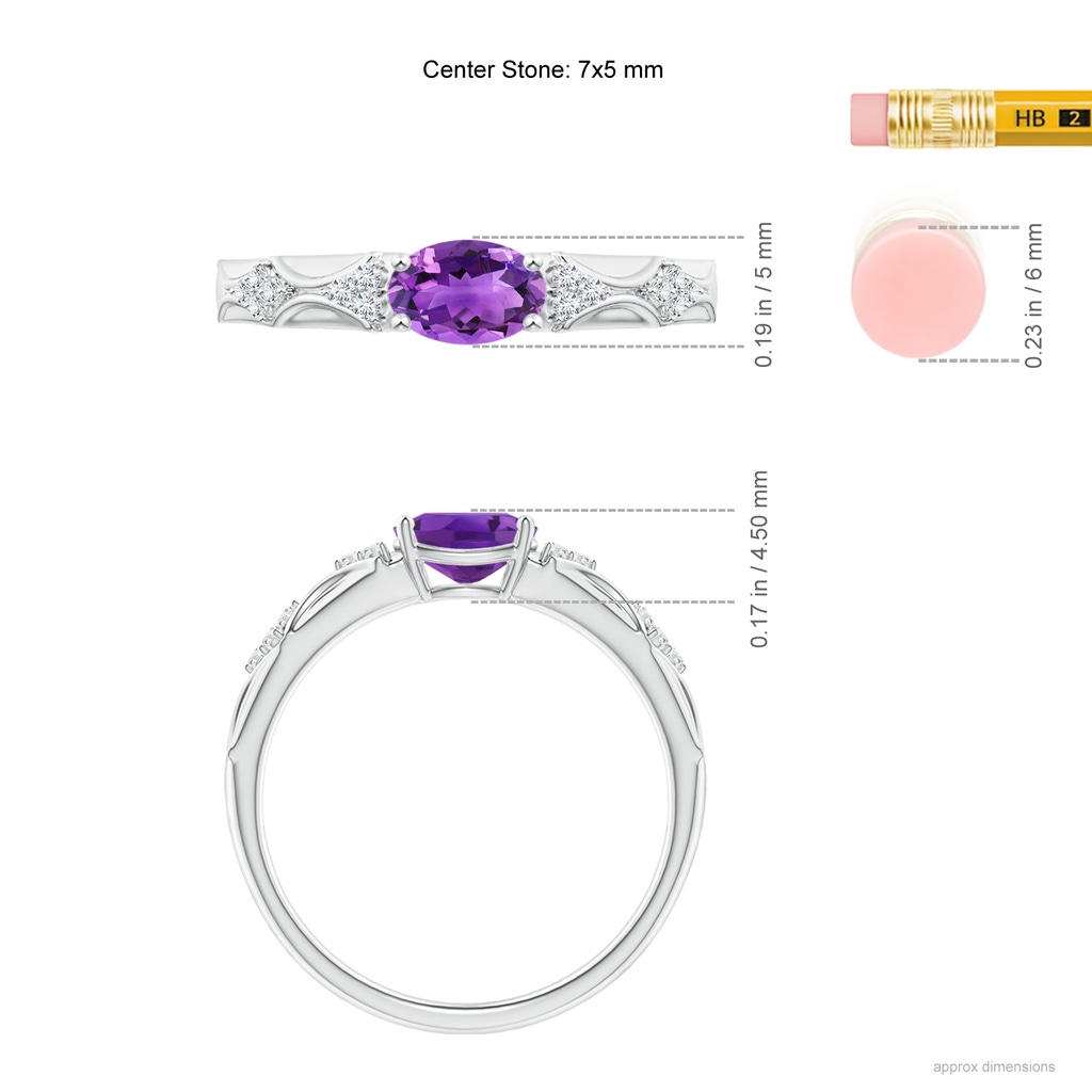 7x5mm AAA Oval Amethyst Vintage Style Ring with Diamond Accents in White Gold Ruler