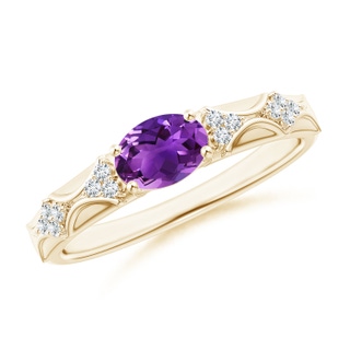 7x5mm AAAA Oval Amethyst Vintage Style Ring with Diamond Accents in Yellow Gold