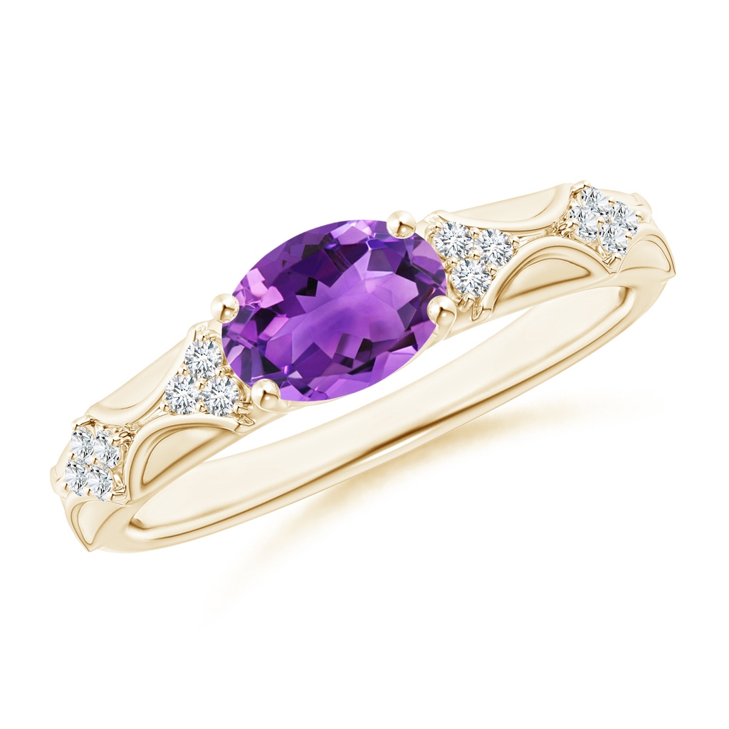 8x6mm AAA Oval Amethyst Vintage Style Ring with Diamond Accents in Yellow Gold