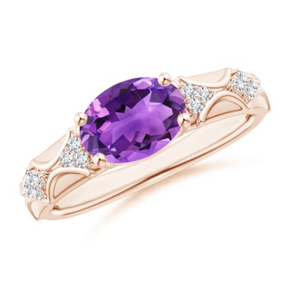 9x7mm AAA Oval Amethyst Vintage Style Ring with Diamond Accents in Rose Gold