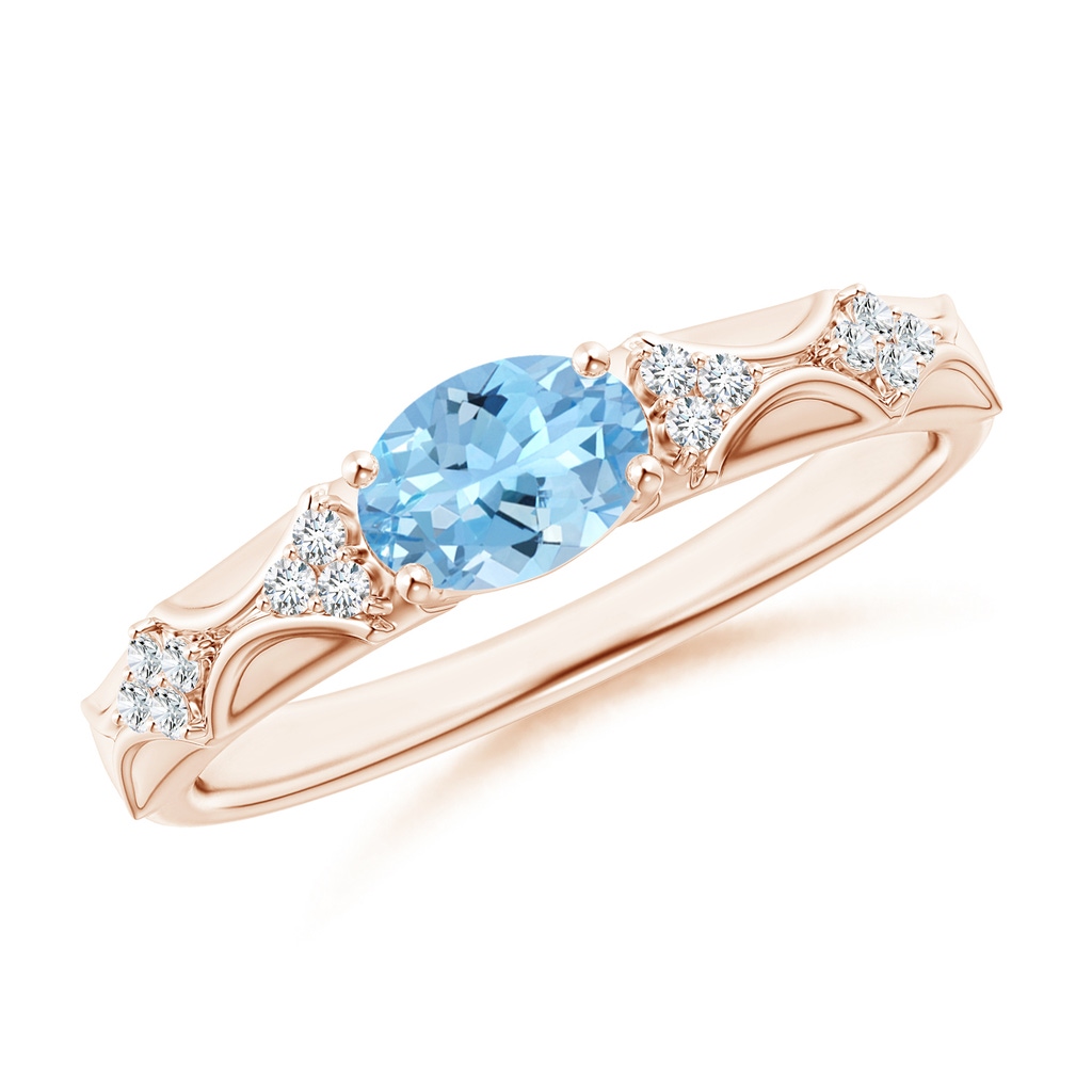 7x5mm AAAA Oval Aquamarine Vintage Style Ring with Diamond Accents in Rose Gold